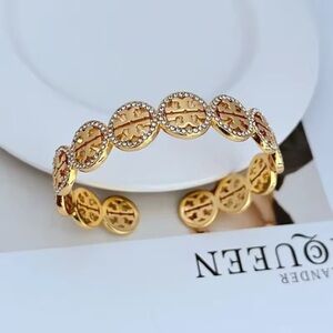 Tory Burch Gold Medallion Open Cuff Bracelet with Crystal Accents